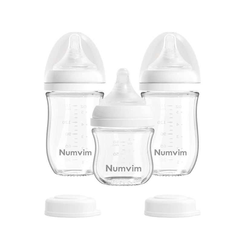 NUVIMI Natural Glass Baby Bottles with Gentle & Extra Slow Flow Nipples, Newborn Breastfeeding Bottle, Anti-Colic, Includes 1pcs SS Nipples(0 Month+) 2pcs S Nipples(1m+),3 Packs (White 3 Oz + 5 Ounce) - Image 1